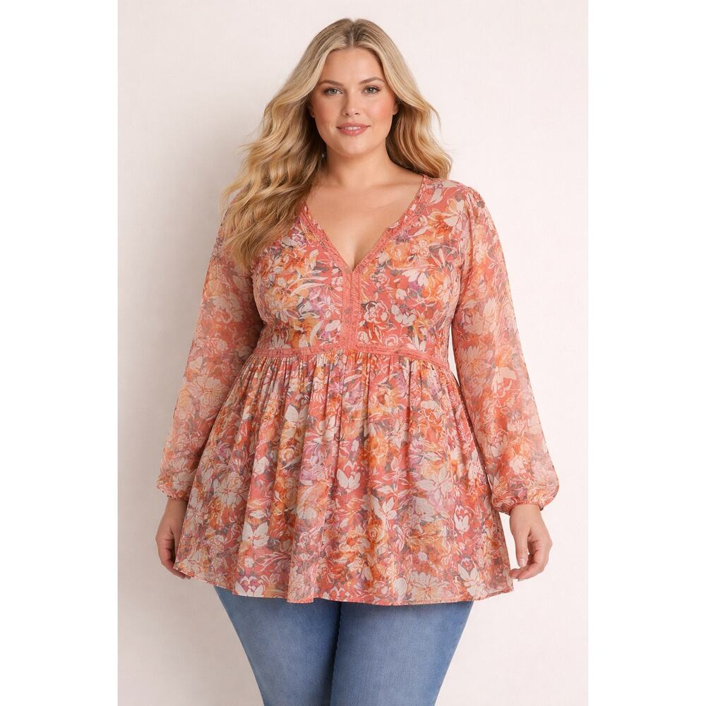 Torrid Super Soft Knit Orange Floral Babydoll Blouse Balloon Sleeve Womens 2x